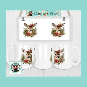 Ceramic Coffee Mug Christmas Deer Holly and Berries Holiday 15oz Hand Sublimated